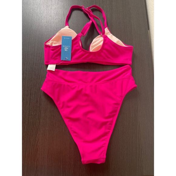 Cupshe Women’s Hot Pink Bikini Set Small High-Waist Crisscross Strappy Swim - Picture 2 of 3